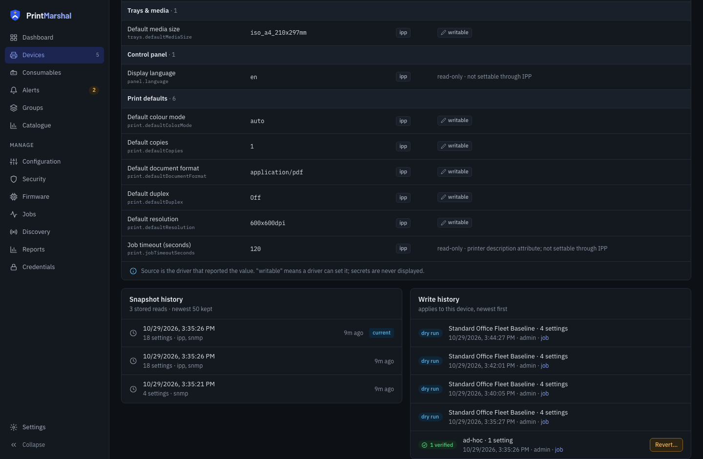 Device Configuration tab showing Snapshot history and Write history with 1 verified write and Revert button.