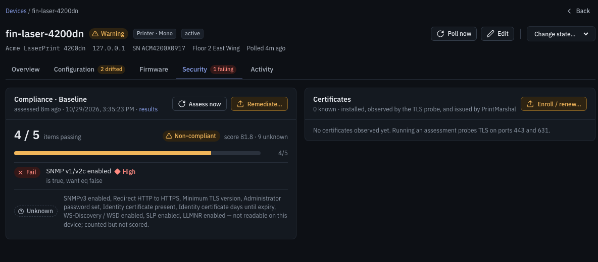 Focused view of Device Security assessment showing 4 of 5 readable items passing, 1 failing SNMPv1/v2c check, 9 unknown items, and certificate status.